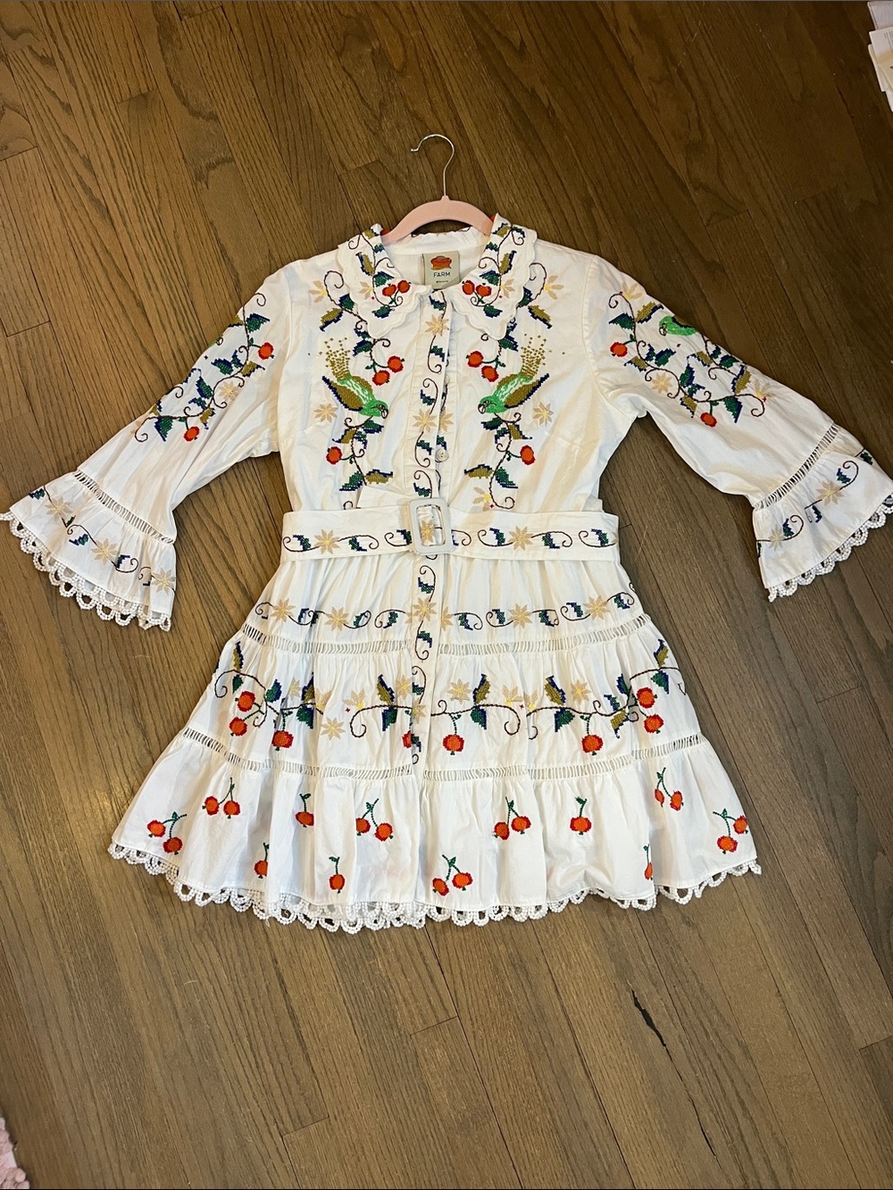 FARM Rio White Embroidered Cherry & Parrot Long Sleeve Dress